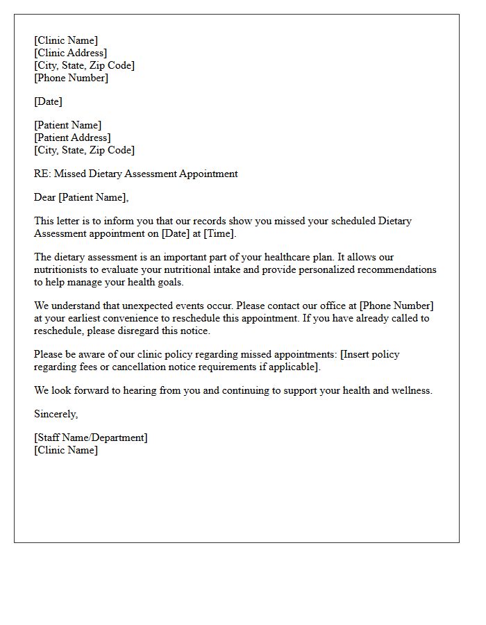 Missed Medical Clinic Dietary Assessment Notification Letter