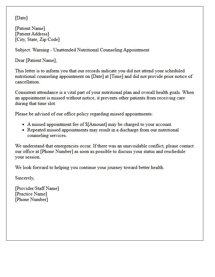 Unattended Nutritional Counseling Appointment Warning Letter