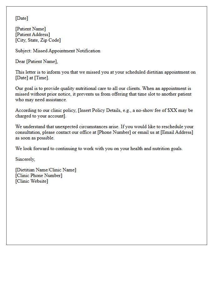 Dietitian Clinic No Show Appointment Notification Letter