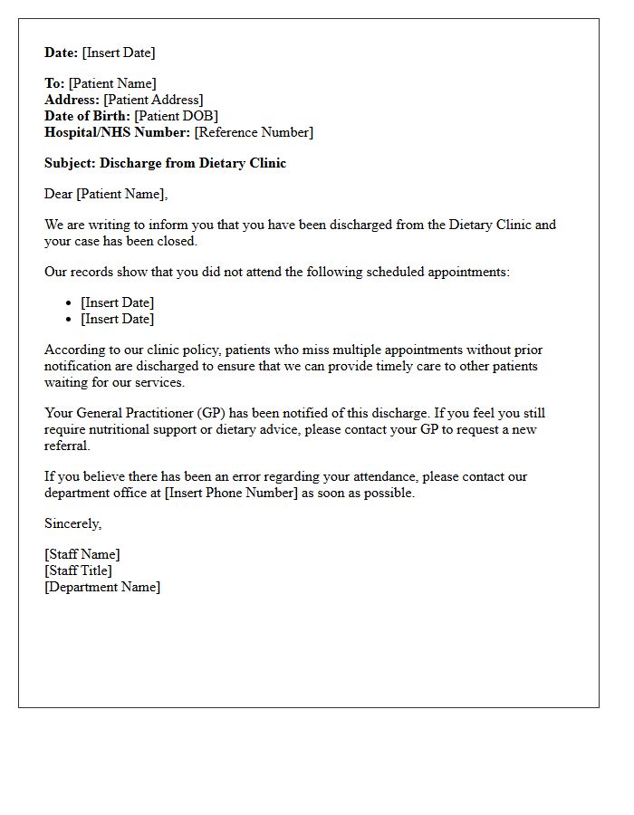 Discharge Letter For Missed Dietary Clinic Appointments
