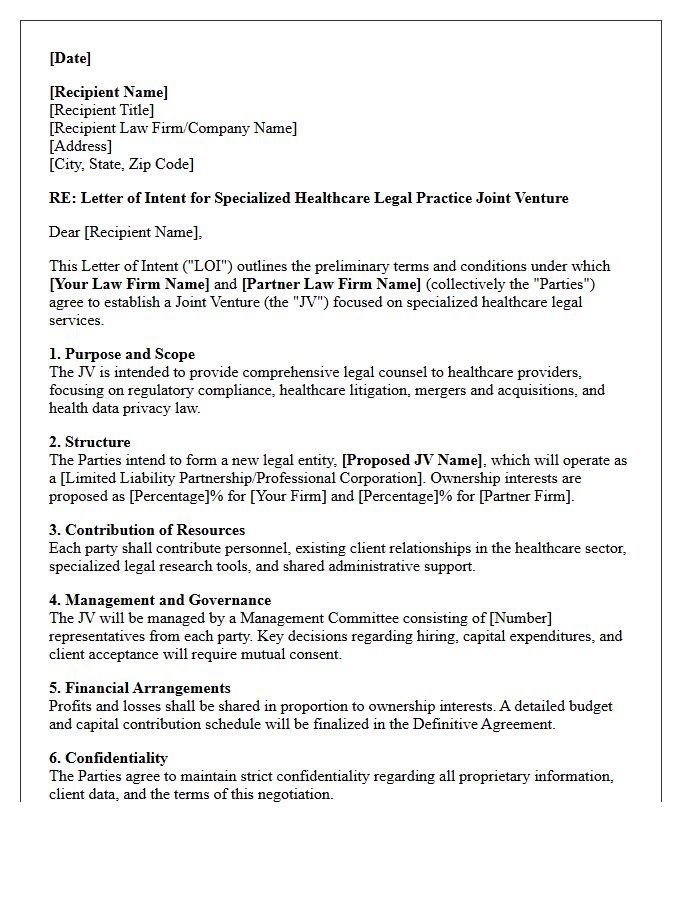 Letter of Intent for Specialized Healthcare Legal Practice Joint Venture