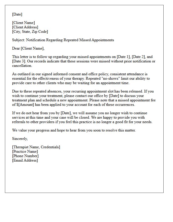Repeated Therapy No-Show Notification Letter