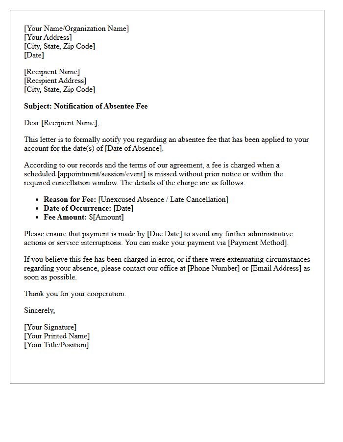 Absentee Fee Notification Letter