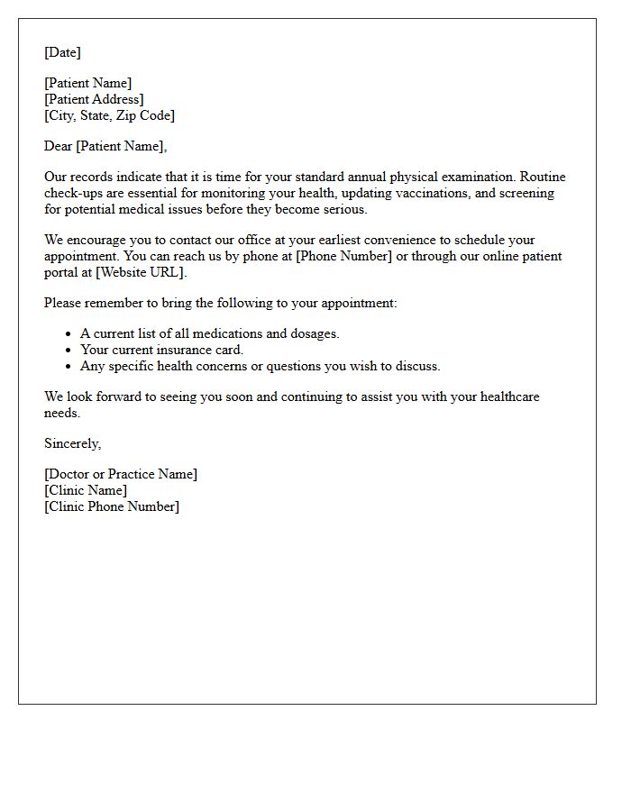Standard Annual Physical Examination Recall Letter