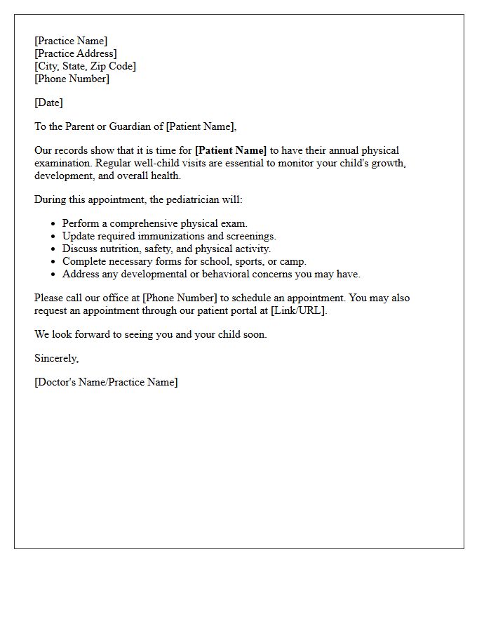 Pediatric Annual Physical Examination Recall Letter