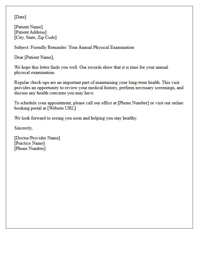 Friendly Reminder Annual Physical Examination Recall Letter
