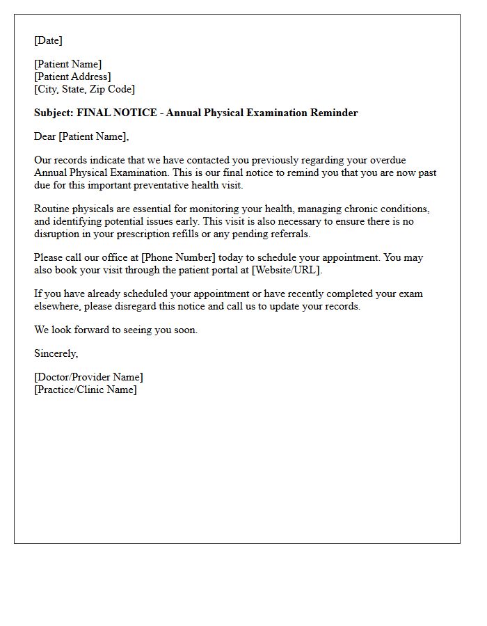 Final Notice Annual Physical Examination Recall Letter