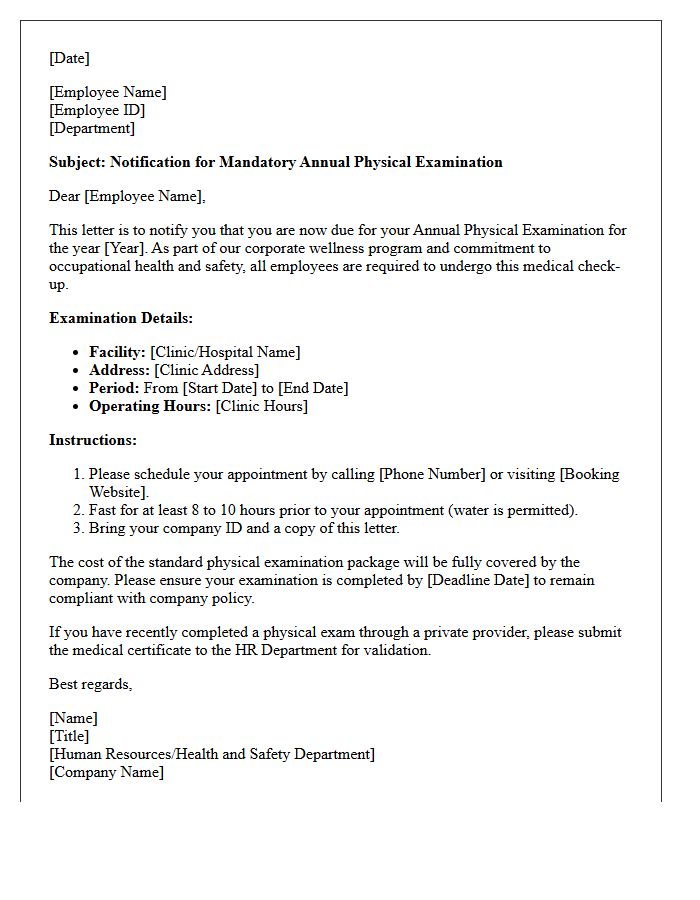 Corporate Employee Annual Physical Examination Recall Letter