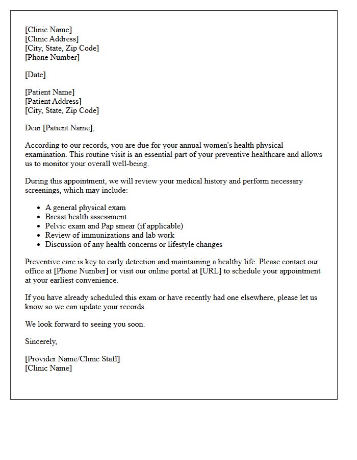 Women's Health Annual Physical Examination Recall Letter