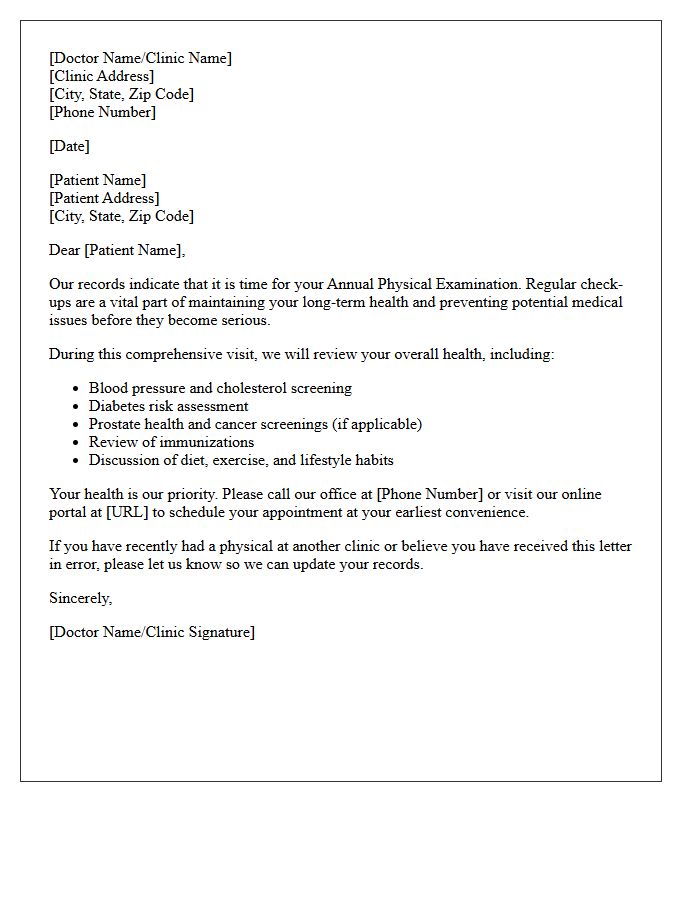 Men's Health Annual Physical Examination Recall Letter