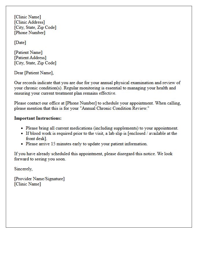 Chronic Condition Annual Physical Examination Recall Letter
