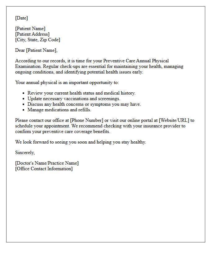 Preventive Care Annual Physical Examination Recall Letter