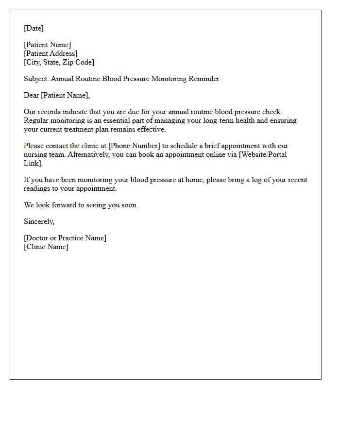 Annual Routine Blood Pressure Monitoring Recall Letter