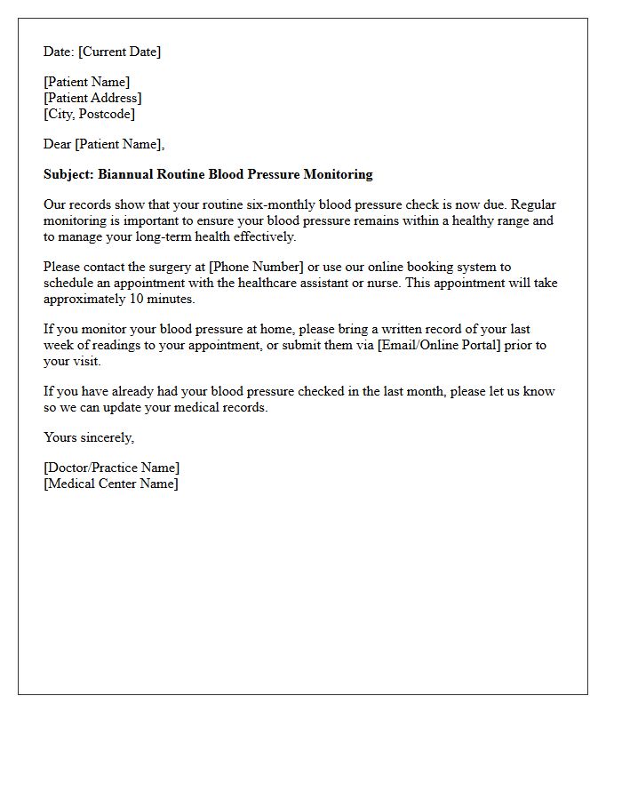 Biannual Routine Blood Pressure Monitoring Recall Letter