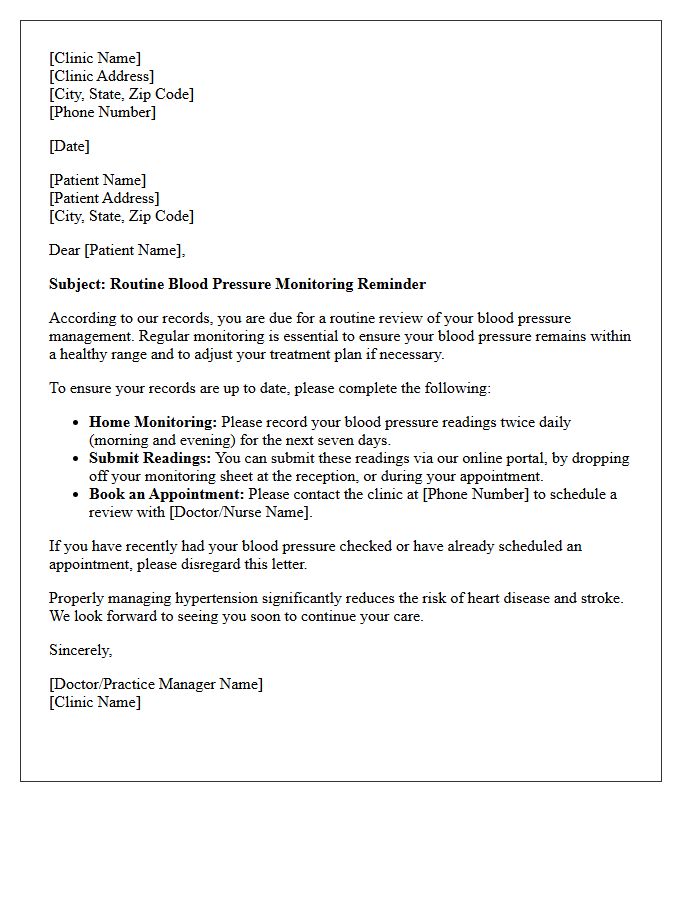 Hypertension Management Routine Blood Pressure Monitoring Recall Letter