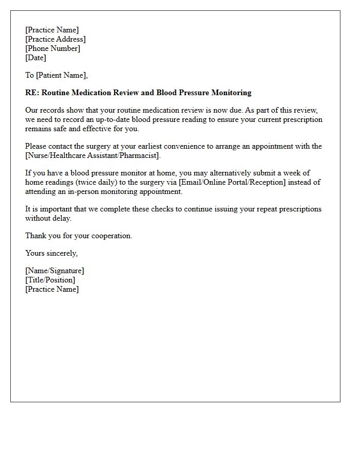 Medication Review Routine Blood Pressure Monitoring Recall Letter