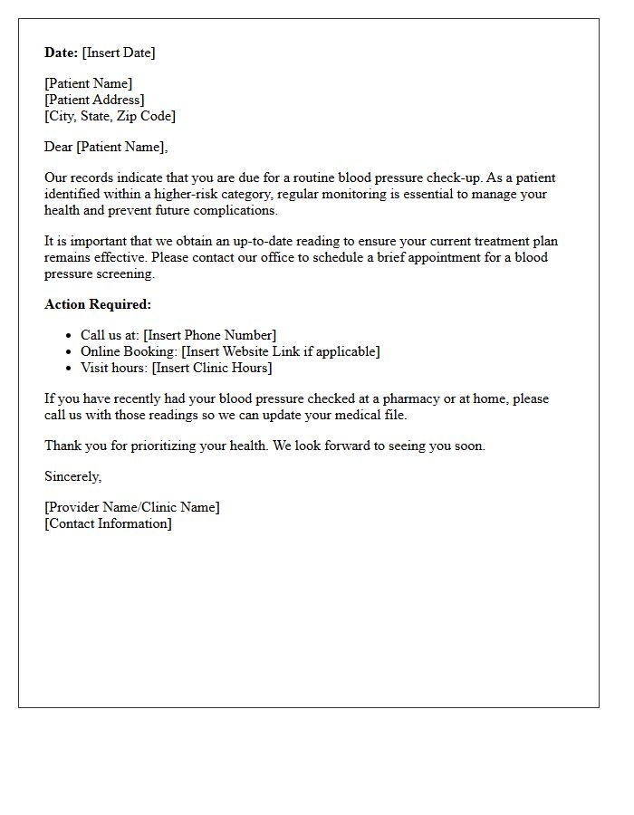 High Risk Patient Routine Blood Pressure Monitoring Recall Letter