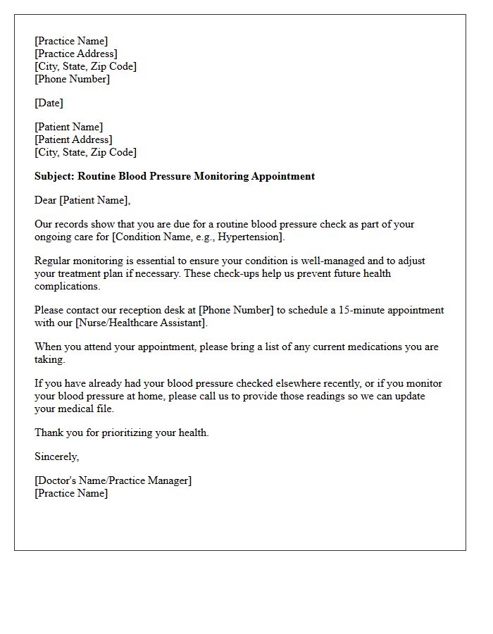 Chronic Disease Routine Blood Pressure Monitoring Recall Letter