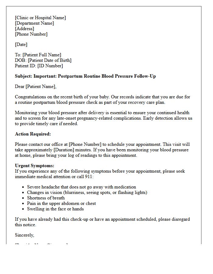 Postpartum Care Routine Blood Pressure Monitoring Recall Letter