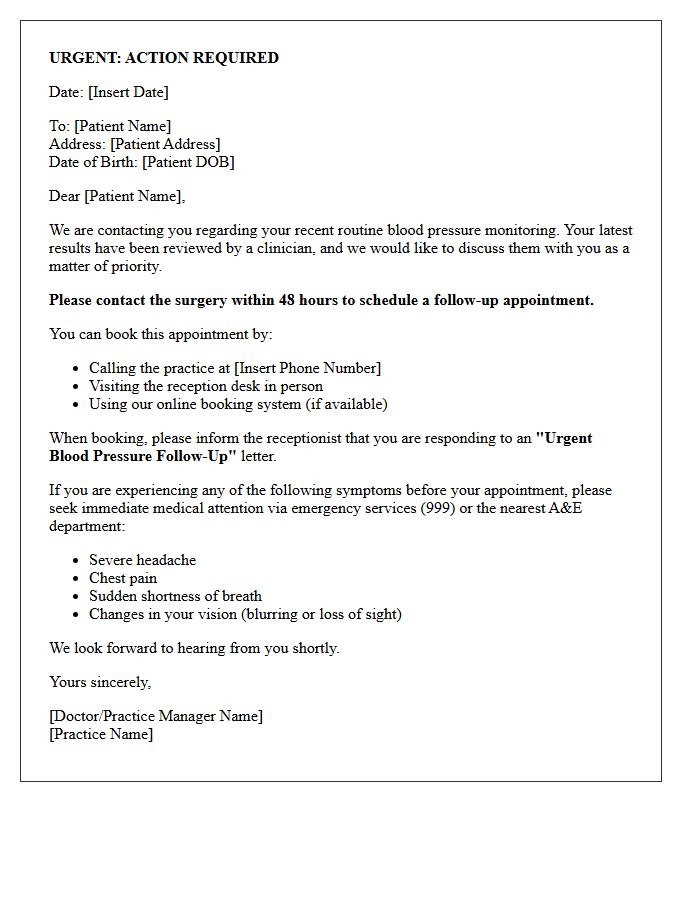 Urgent Follow Up Routine Blood Pressure Monitoring Recall Letter