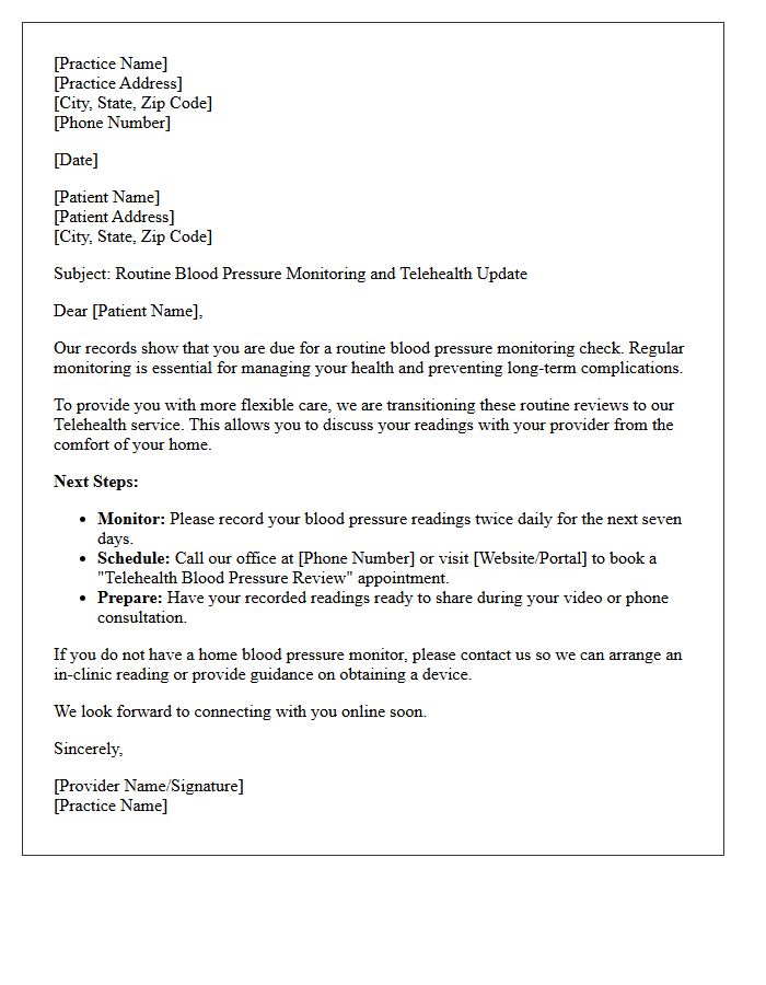 Telehealth Transition Routine Blood Pressure Monitoring Recall Letter