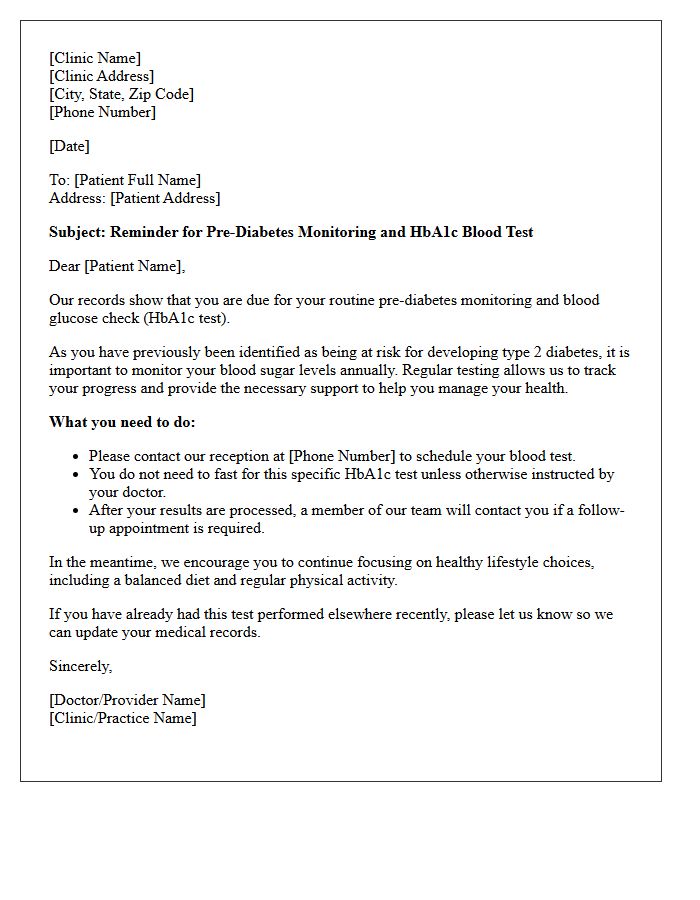 Pre-Diabetes Monitoring and HbA1c Recall Letter