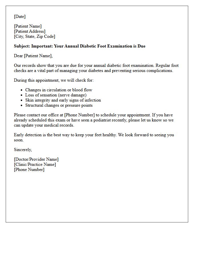 Diabetic Foot Examination Reminder Letter