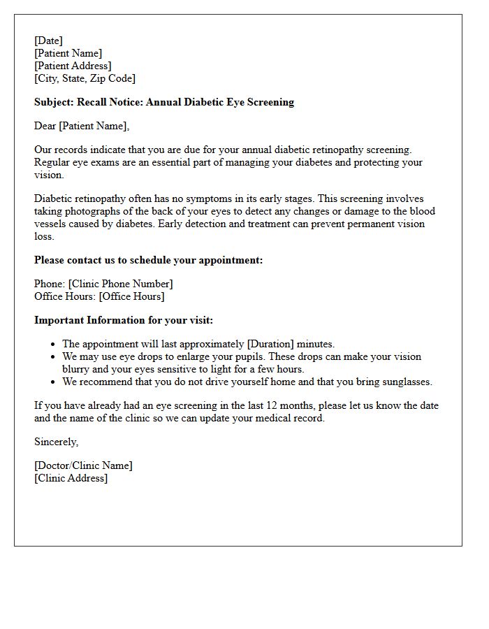 Diabetic Retinopathy Screening Recall Letter