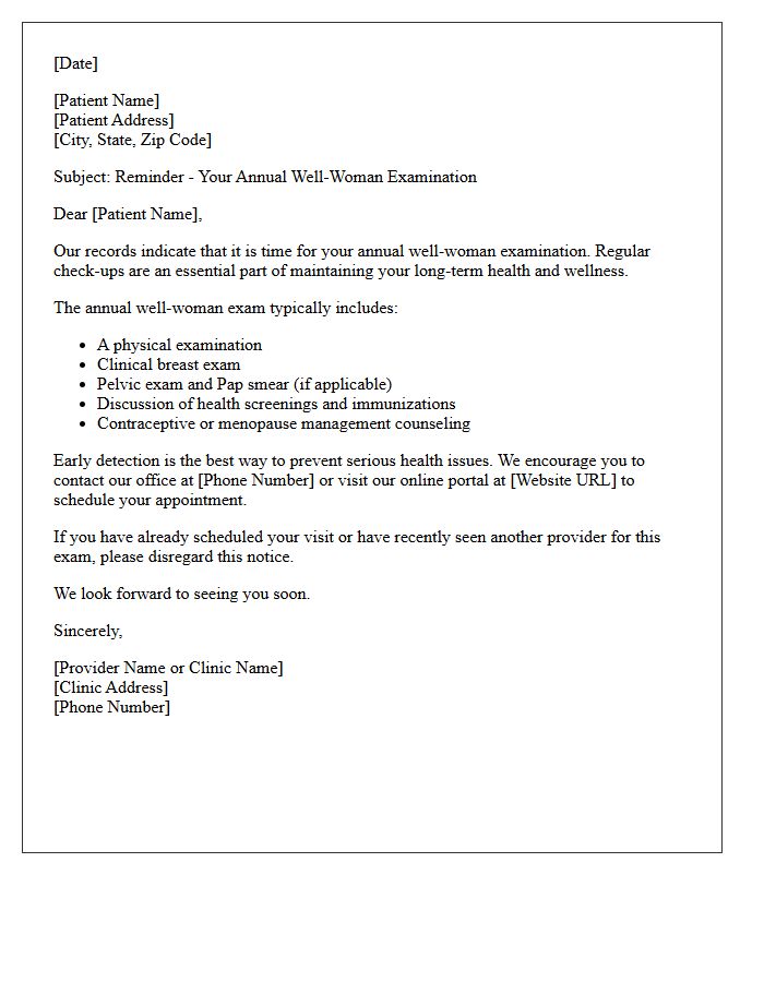 Annual Well-Woman Examination Reminder Letter