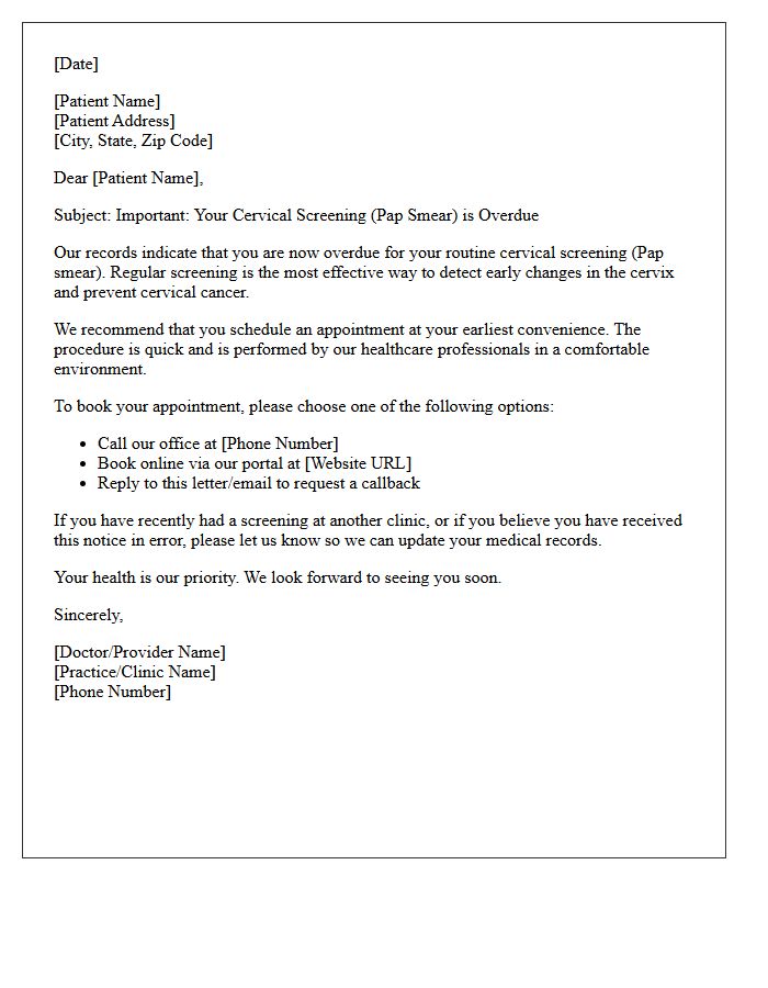 Overdue Pap Smear Screening Recall Letter