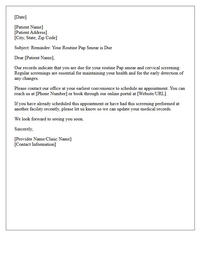 Routine Pap Smear Scheduling Notice Letter