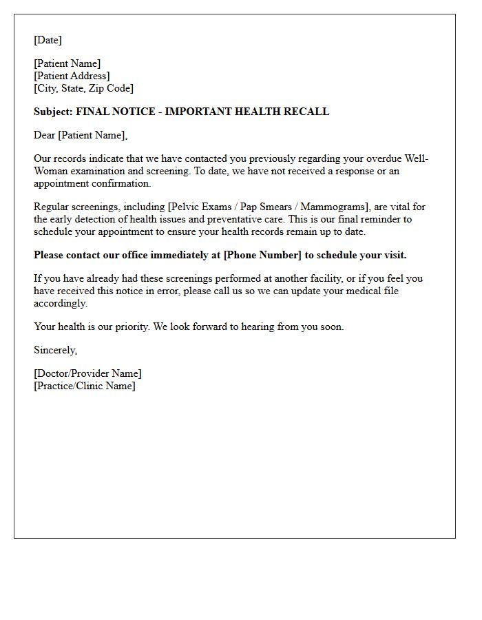 Final Notice Well-Woman Health Recall Letter