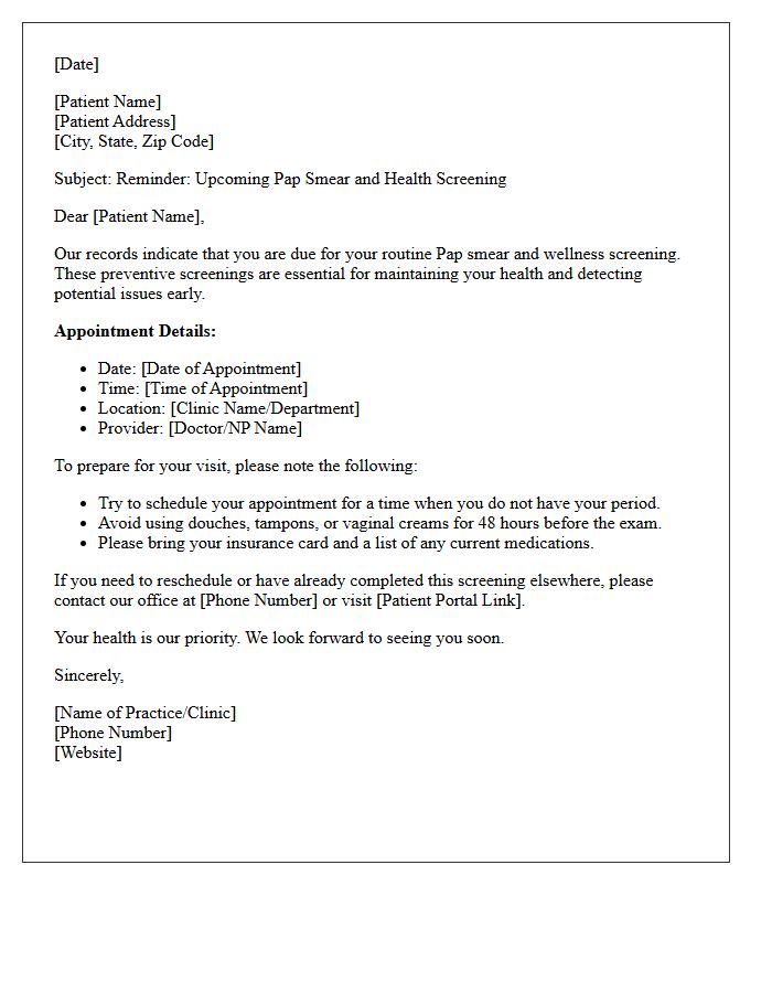 Upcoming Pap Smear and Health Screening Letter