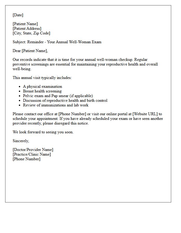 First Notice Well-Woman Annual Checkup Letter