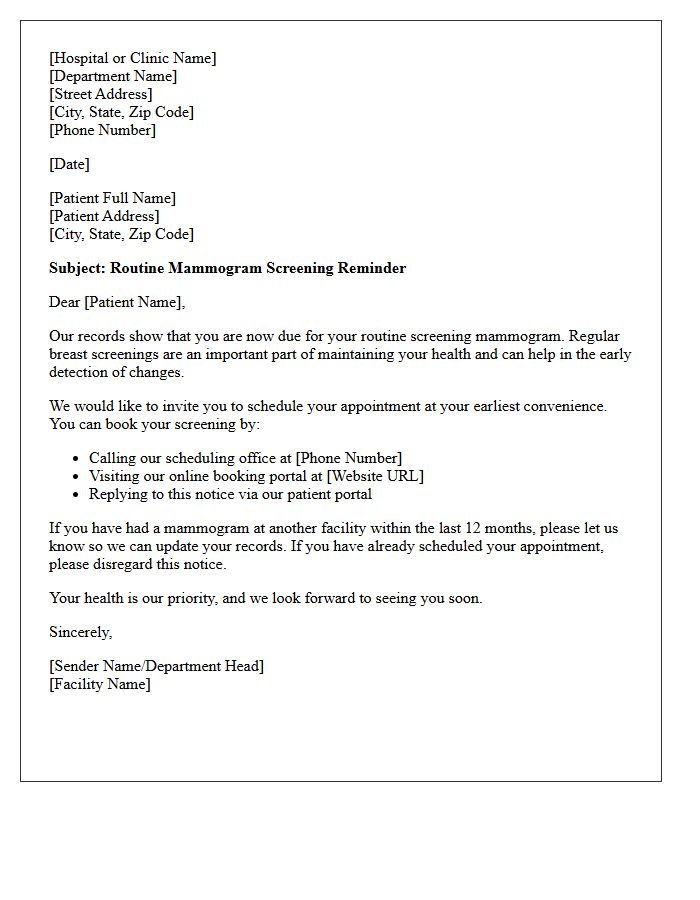First Notice Routine Mammogram Screening Recall Letter