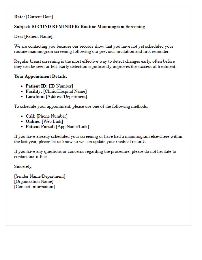 Second Reminder Routine Mammogram Screening Recall Letter