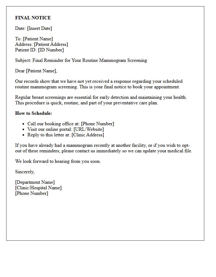 Final Notice Routine Mammogram Screening Recall Letter