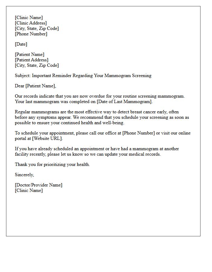 Overdue Patient Routine Mammogram Screening Recall Letter