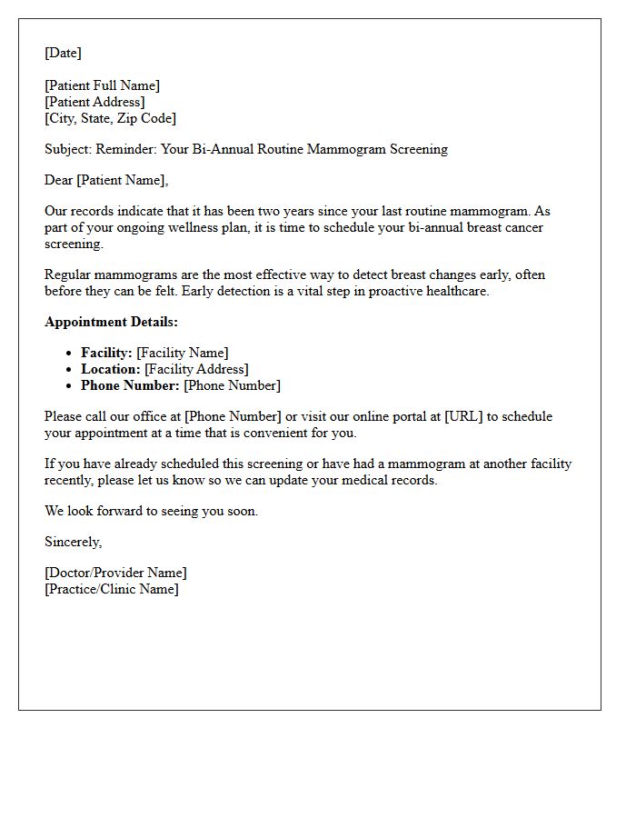 Bi-Annual Routine Mammogram Screening Recall Letter