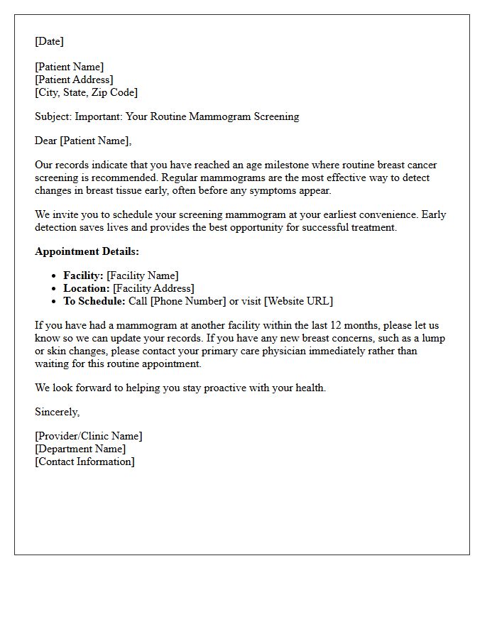 Age Milestone Routine Mammogram Screening Recall Letter