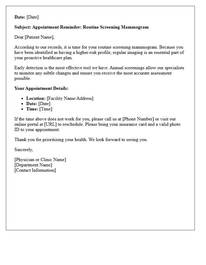 High-Risk Profile Routine Mammogram Screening Recall Letter