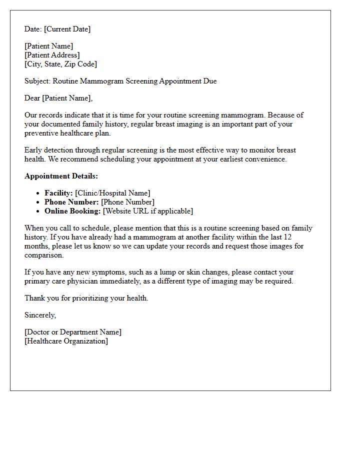 Family History Routine Mammogram Screening Recall Letter