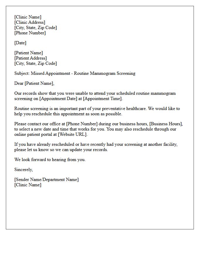 Missed Appointment Routine Mammogram Screening Recall Letter