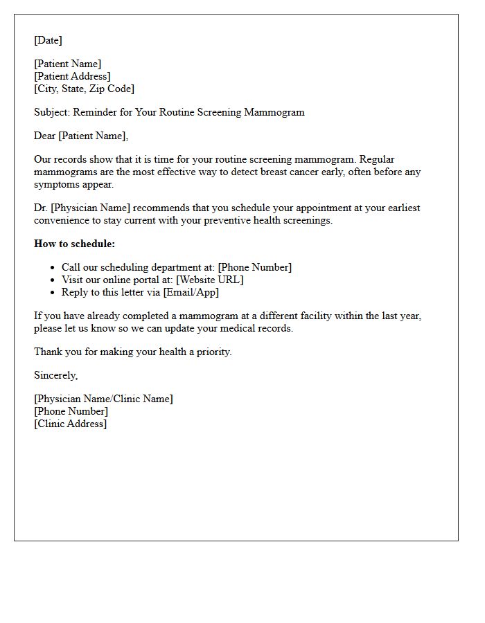 Physician Recommended Routine Mammogram Screening Recall Letter