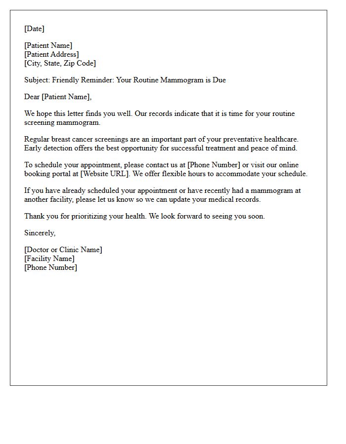 Friendly Reminder Routine Mammogram Screening Recall Letter