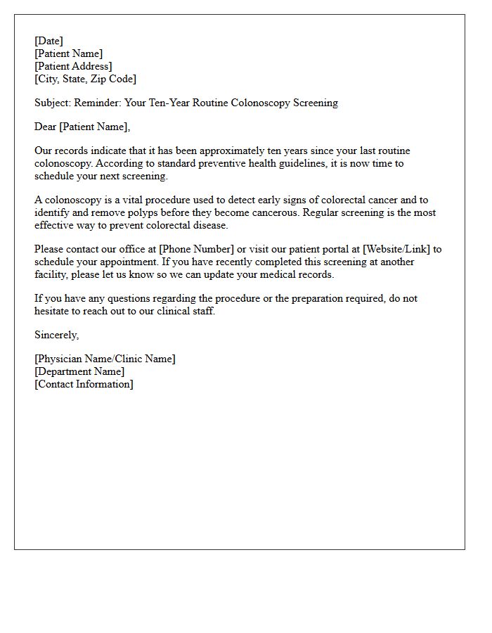 Ten-Year Routine Colonoscopy Screening Letter