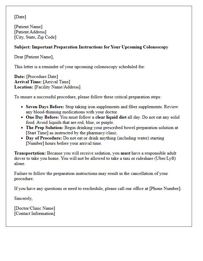 Pre-Procedure Colonoscopy Preparation Reminder Letter