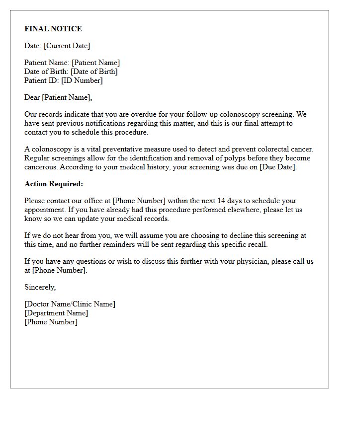 Final Notice Colonoscopy Screening Recall Letter