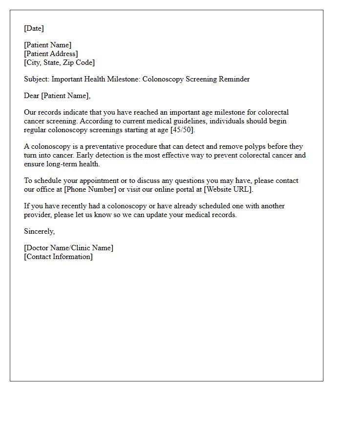 Age Milestone Colonoscopy Screening Reminder Letter