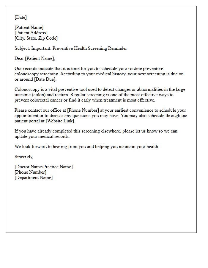Preventive Health Colonoscopy Screening Recall Letter